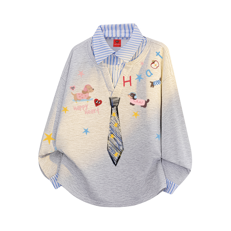 查尔斯桃心涂鸦领带假两件衬衫领加绒卫衣男春秋冬季情侣休闲上衣