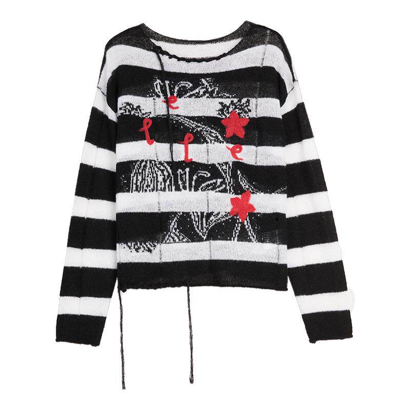 ELLE绵羊毛提花条纹针织衫