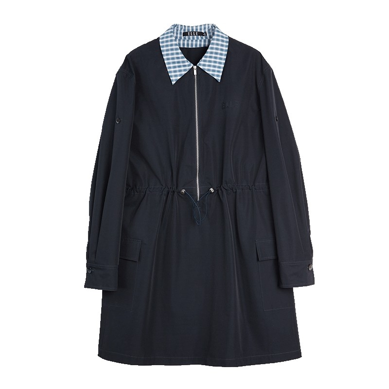 ELLE格纹假两件长袖连衣裙女2025秋季新款拼接收腰气质通勤风