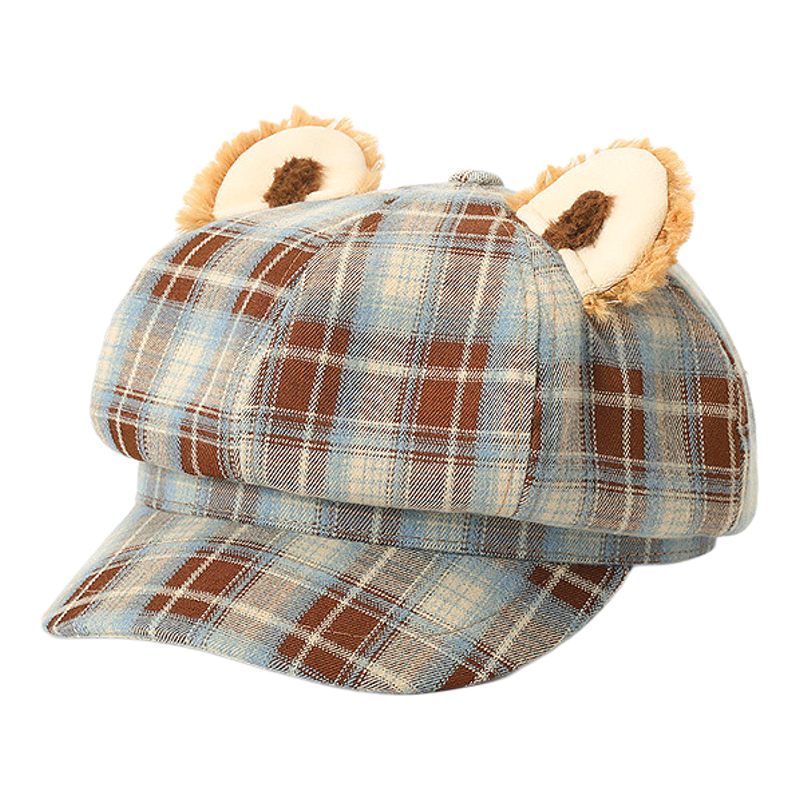 畹町夹心曲奇系列格纹帽秋冬季可爱造型少女八角报童帽带耳朵帽子