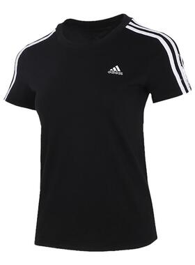 阿迪达斯短袖女装26夏季新品黑色三条纹纯棉运动休闲T恤衫GL0784