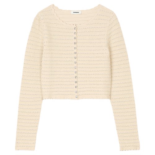 SANDRO女装米黄色花边仿钻针织衫