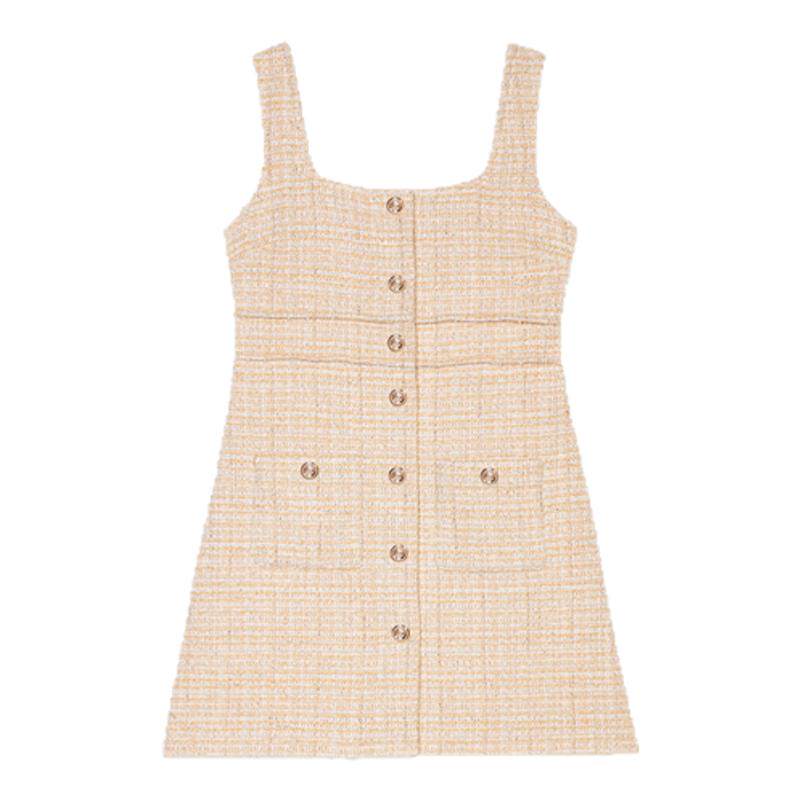 Maje2025春夏女装法式时尚粗花呢米黄色方领无袖短款吊带连衣裙