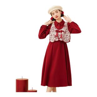 新款 紫涵新中式 女秋季 连衣裙两件套装 a字裙 盘扣马甲背心收腰衬衫