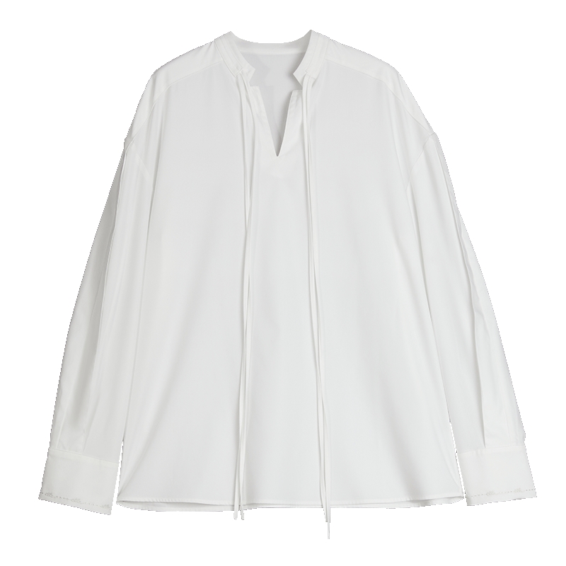 ELLE法式设计感宽松长袖V领衬衫女2025秋季新款休闲通勤别致小衫