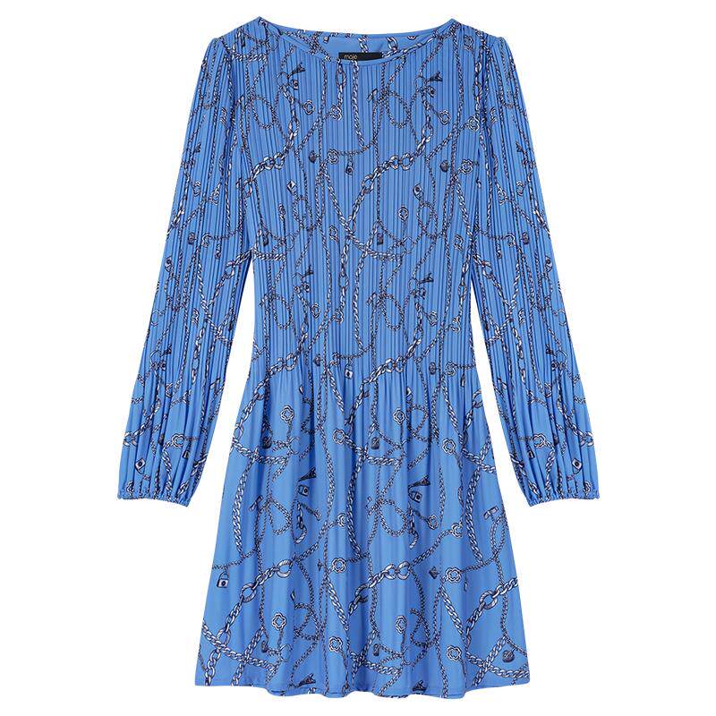 Maje秋冬女装法式时尚复古印花圆领松紧袖口短款长袖收腰连衣裙