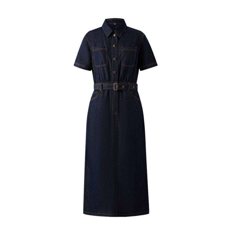 【防褪色牛仔】Eland衣恋牛仔连衣裙女衬衫领A字纯棉薄款长裙夏季