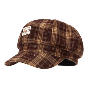 畹町格纹主义画家帽女秋冬季少女元气风棕色格纹八角帽贝雷报童帽