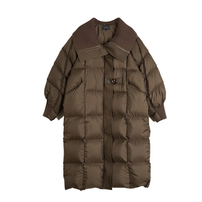 ELLE90鹅绒深棕色中长款鹅绒服女2025冬季新款小个子中长款羽绒服