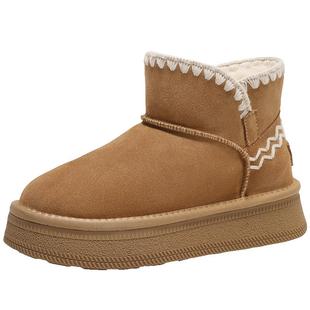 短靴女D1U1DDD4 保暖羊毛毛鞋 百丽小麻花厚底雪地靴新款 加绒棉鞋