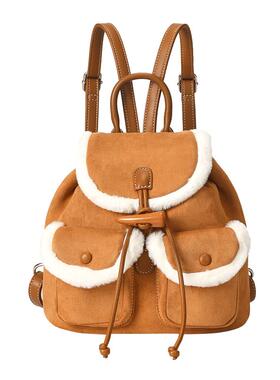 畹町麂皮绒抽绳背包女秋冬复古蓝上课通勤包软皮毛绒边口袋双肩包