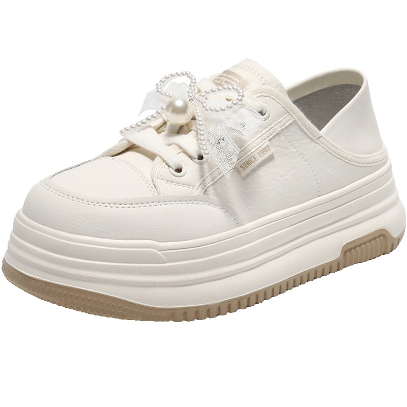 百丽女鞋蝴蝶结厚底休闲板鞋新款增高鞋踩脚两穿小白鞋D7W1DAM5