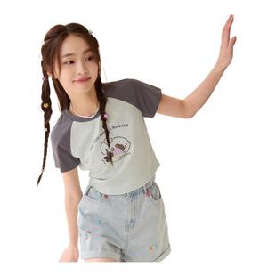 紫涵网纱拼接圆领短袖 设计感蝴蝶结正肩上衣 T恤女2025年夏季 新款