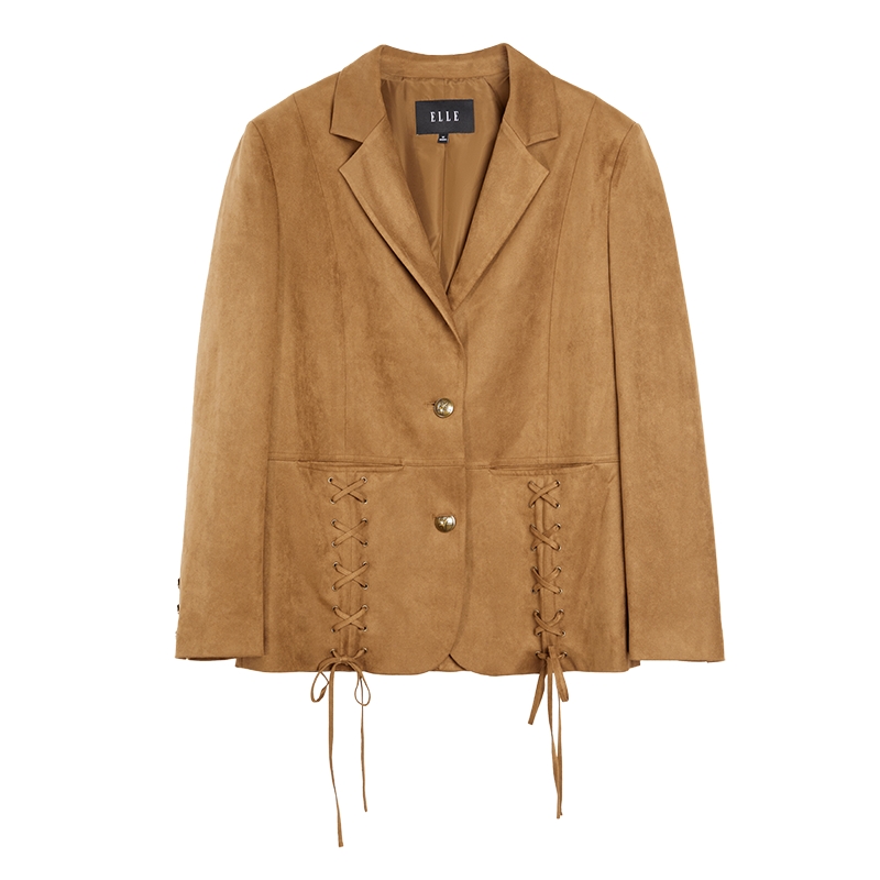 ELLE复古麂皮绒廓形正肩西装外套