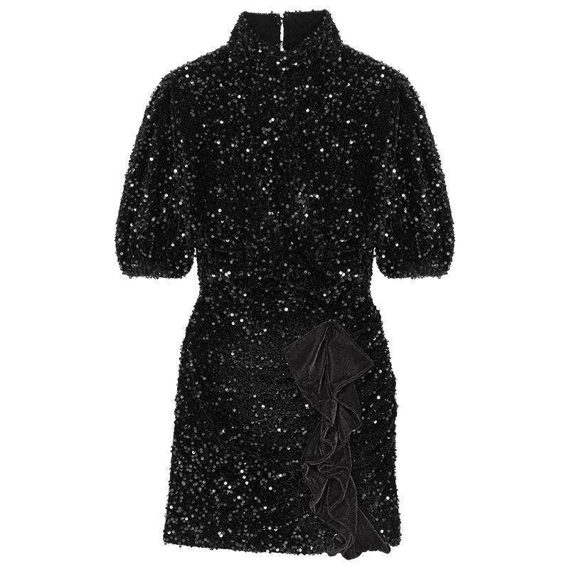 Maje秋冬女装法式时尚黑色半高领泡泡袖亮片装饰短款针织连衣裙,女装/女士精品,连衣裙,淘宝优惠券,粉丝福利购,淘宝优惠卷