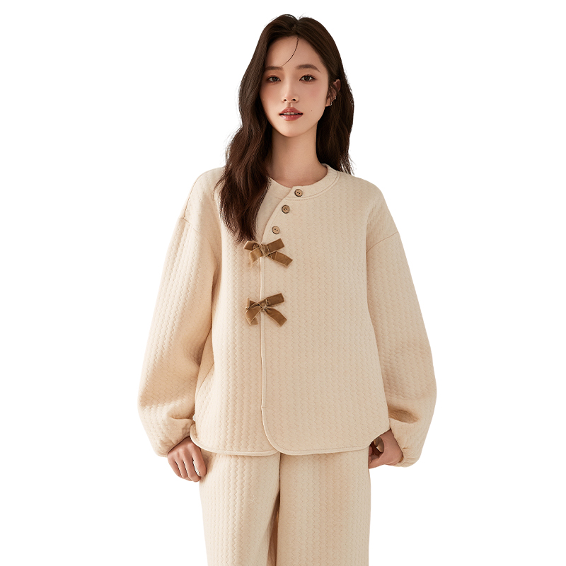 顶瓜瓜女士彩棉空气层开襟加厚睡衣A类10A抑菌长袖长裤家居服套装