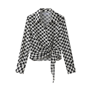 雪纺衫 复古撞色印花设计感不对称收腰休闲长袖 女装 LILY2025新款