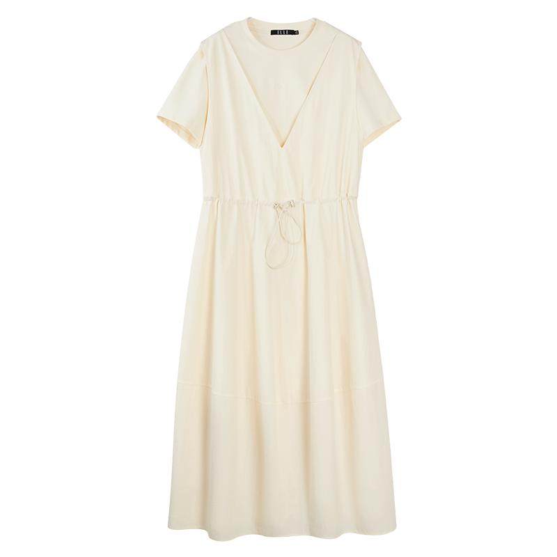 ELLE法式设计感拼接连衣裙女2025夏季新款通勤显瘦优雅花苞裙