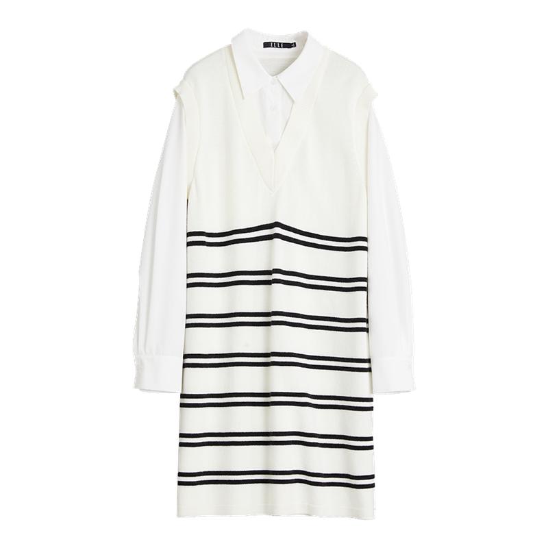 针织条纹衬衫领连衣裙ELLE