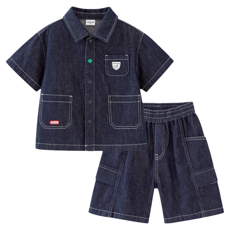 迷你巴拉巴拉男童牛仔套装儿童棉麻轻薄透气短袖衬衫短裤2026夏装