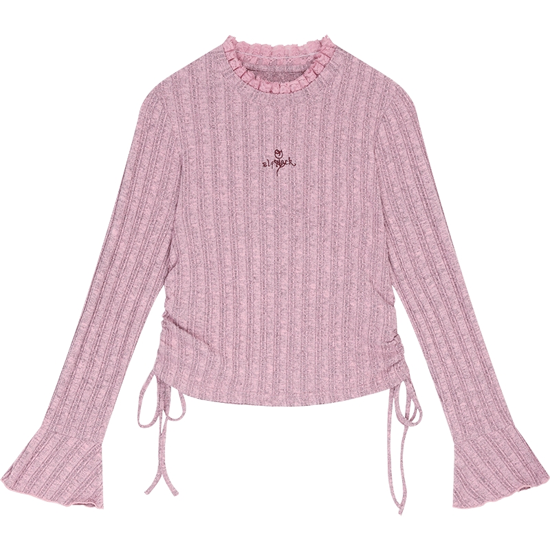 妖精的口袋粉色刺绣喇叭袖t恤女2025早秋新款小众不撞款长袖上衣