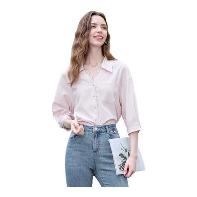 betu百图粉色蕾丝花边衬衫女七分袖2025年夏季新款宽松显瘦衬衣