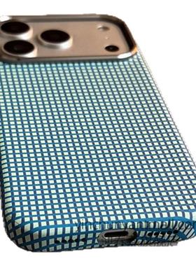 蓝色格子磁吸适用苹果17手机壳磨砂16Pro硬壳15pro简约16高级感iPhone15防摔14新款17air全包16promax男女