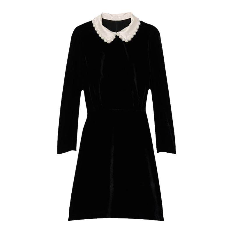 SANDRO秋冬女装法式甜美黑色仿珠饰可拆卸领收腰短款A字连衣裙,女装/女士精品,连衣裙,淘宝优惠券,粉丝福利购,淘宝优惠卷