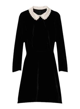 线上限定SANDRO秋冬女装甜美黑色仿珠饰可拆卸领收腰A字连衣裙