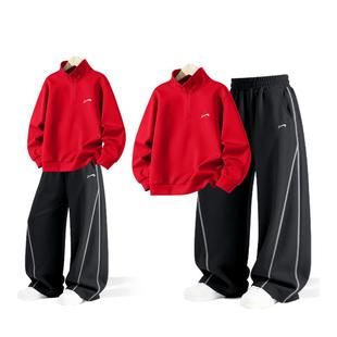 贵人鸟童装男童套装春秋款儿童冬季加绒红色卫衣女童本命年两件套