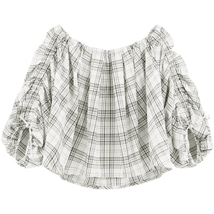 法式 新品 甜美风一字肩抽褶泡泡袖 衬衫 0061 SLY 038HSL30 春季