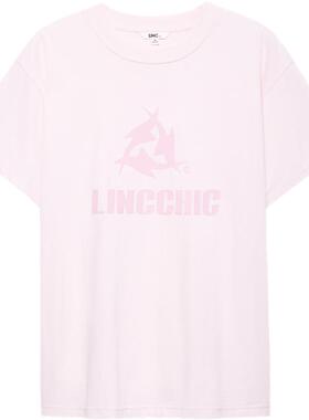 LINCCHIC金羽杰短袖上衣女圆领宽松廓形印花大T恤女S241TS034Y