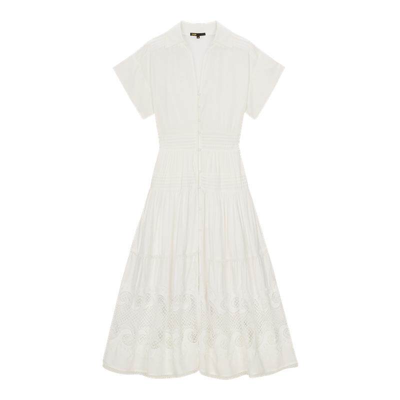 Maje2025春夏女装回归乡野时尚气质镂空花纹大裙摆长款收腰连衣裙