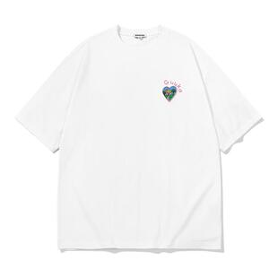 GUUKA潮牌白色爱心绣章圆领短袖 T恤男夏重磅纯棉抽象猫咪落肩半袖