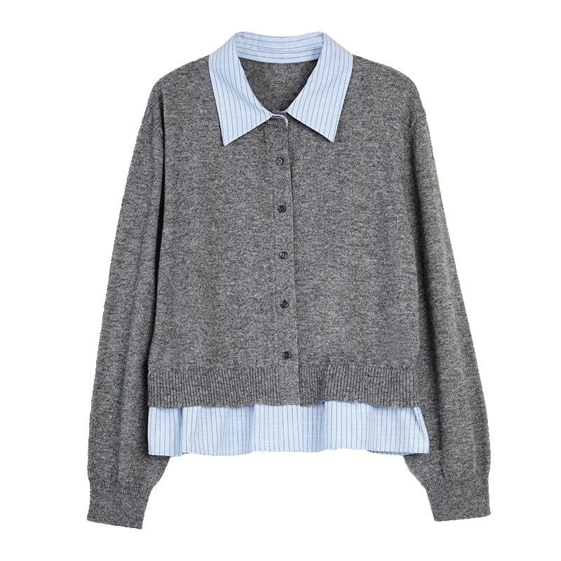 ELLE绵羊毛拼接假两件针织开衫