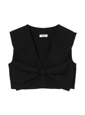 SANDRO春夏女装法式气质甜酷黑色蝴蝶结V领设计短款无袖背心上衣