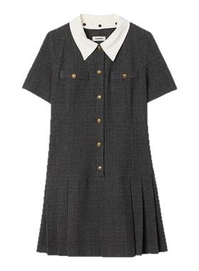 季末7折SANDRO2025秋冬新款女装法式可拆卸领仿钻格纹百褶连衣裙