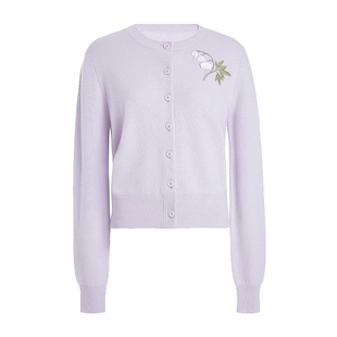 女春装 2026新款 PLUS毛织温柔紫铃兰刺绣绵羊毛排扣针织开衫 FIVE