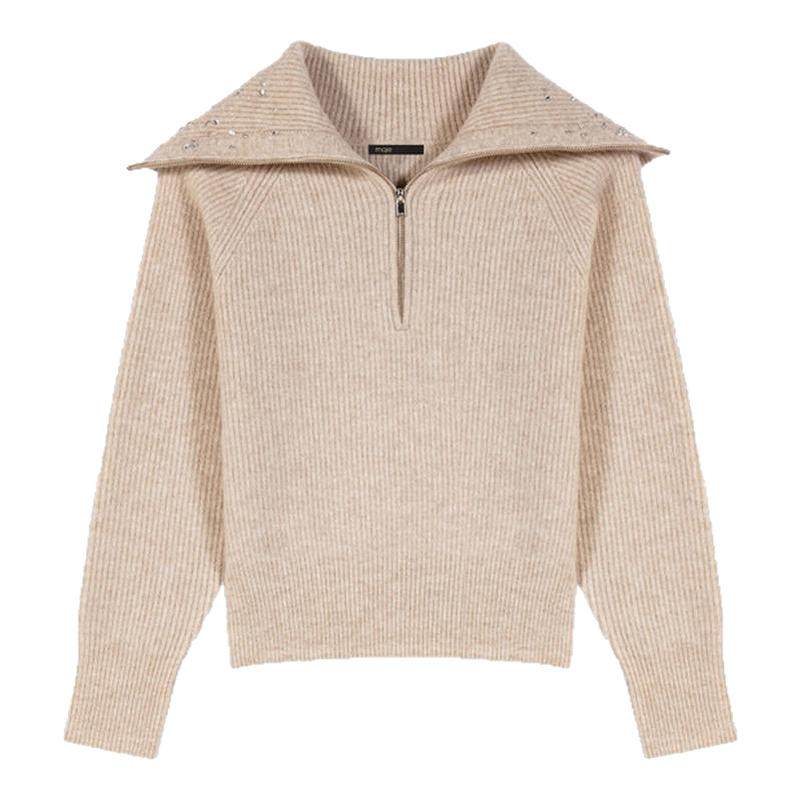 季末6折Maje博主同款2025秋冬新款女装法式时尚仿钻饰领口针织衫,女装/女士精品,毛针织衫,淘宝优惠券,粉丝福利购,淘宝优惠卷