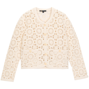 法式 针织开衫 时尚 饰圆领短款 淡褐色镂空花纹装 Maje2025秋冬女装