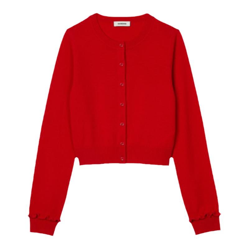 SANDRO荷叶边长袖红色针织开衫