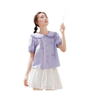 紫涵蝴蝶结衬衫 女2025年夏季 新款 娃娃领甜美清新直筒上衣花边小衫