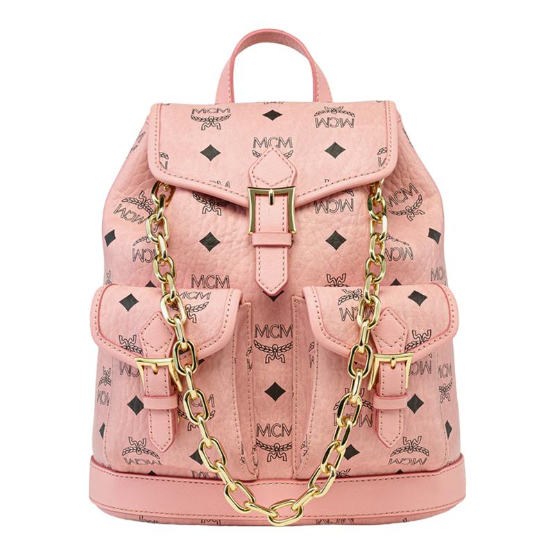 MCM AREN迷你桃花粉抽绳链条双肩背包女包 通勤旅游