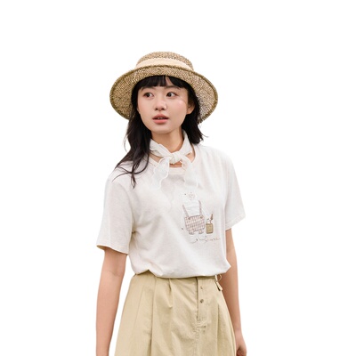 紫涵童趣贴布刺绣米白T恤女士夏季新款减龄宽松休闲圆领短袖上衣