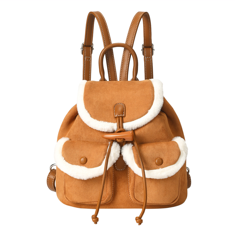 畹町麂皮绒抽绳背包女秋冬季复古上课通勤包软皮毛绒边口袋双肩包