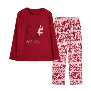 芬腾可安鸿运新年长袖睡衣女士新款纯棉本命年女红色大码圆领套装