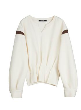 ELLE设计感假两件拼接撞色卫衣女2025秋季新款收腰褶皱长袖上衣