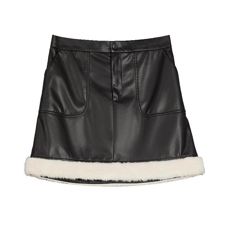 ELLE黑色皮毛一体高腰A字半身裙女2025冬新款小个子气质显瘦