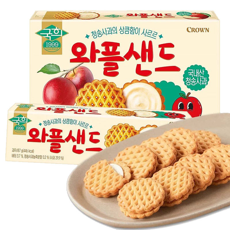 韩国进口CROWN克丽安苹果味夹心饼干华夫饼儿童休闲零食曲奇原装