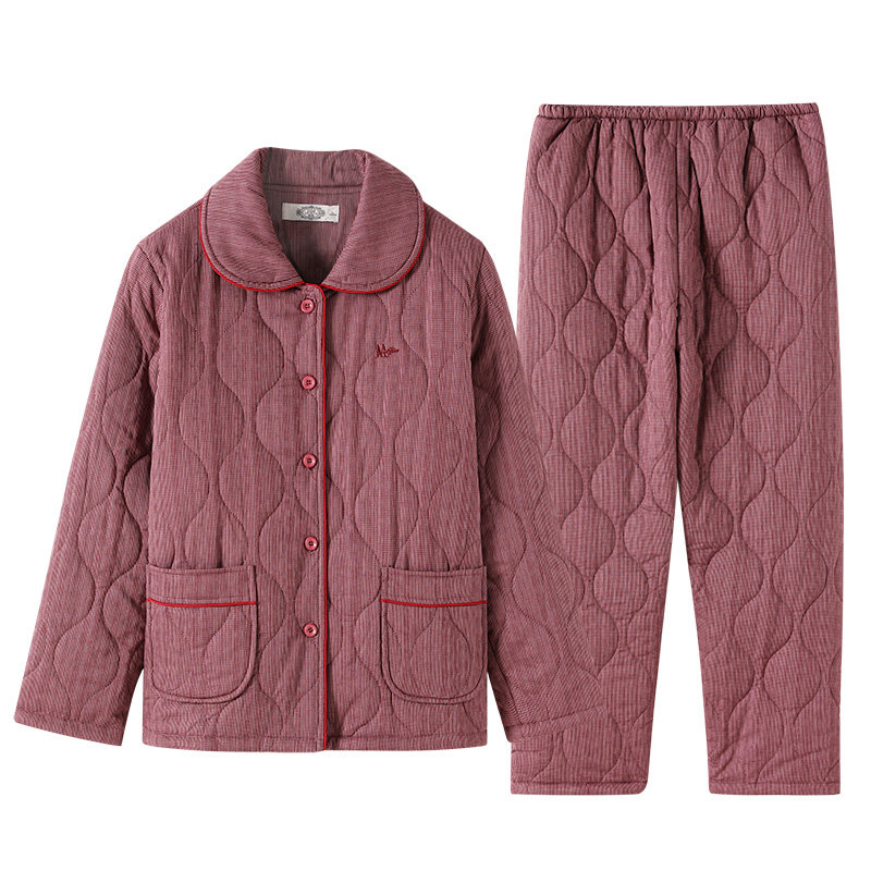 美标秋冬新款三层加厚夹棉睡衣女纯棉休闲可外穿全棉质家居服套装